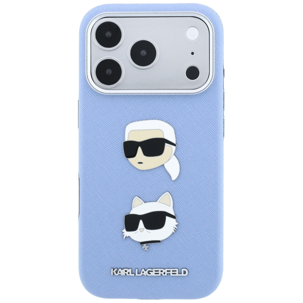Tok Apple iPhone 18 Pro / 17 Pro készülékhez, Karl Lagerfeld, Saffiano Karl és Choupette fejét ábrázoló kitűzővel és logóval, kék