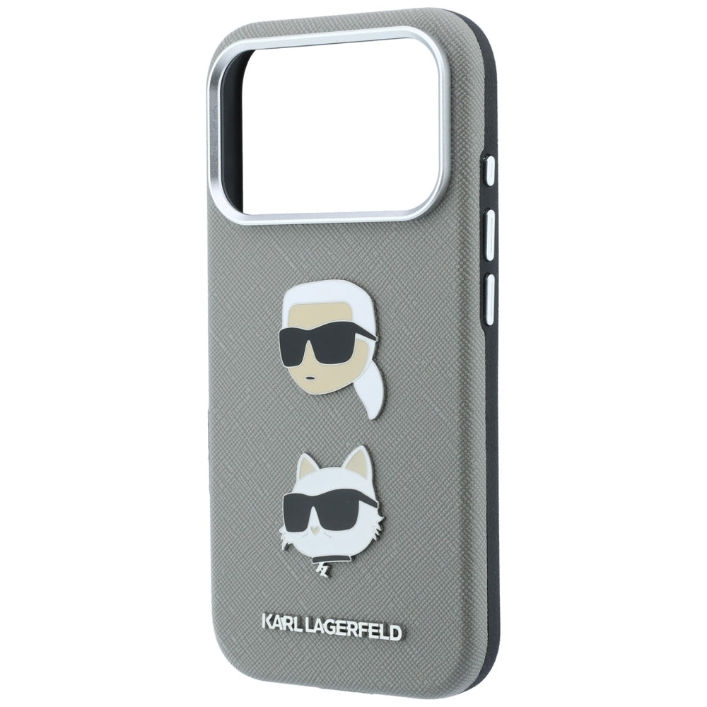 Case for Apple iPhone 18 Pro / 17 Pro, Karl Lagerfeld, Saffiano with Karl & Choupette Head's Pin and Logo, Gray