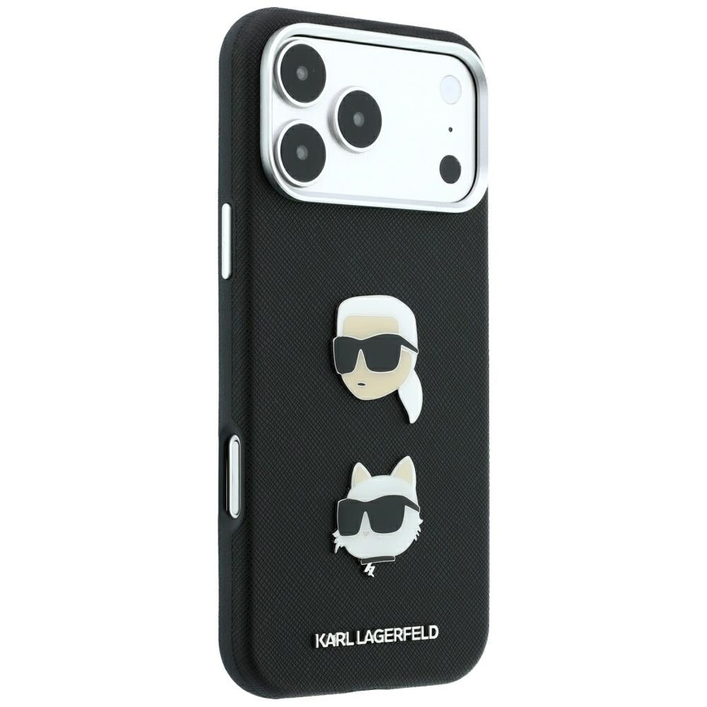 Tok Apple iPhone 18 Pro / 17 Pro készülékhez, Karl Lagerfeld, Saffiano Karl és Choupette fejét ábrázoló kitűzővel és logóval, fekete