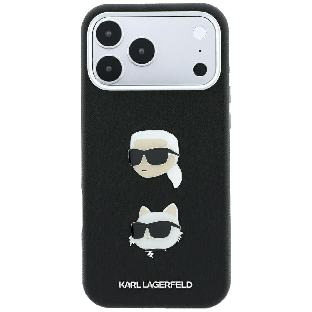 Tok Apple iPhone 18 Pro / 17 Pro készülékhez, Karl Lagerfeld, Saffiano Karl és Choupette fejét ábrázoló kitűzővel és logóval, fekete
