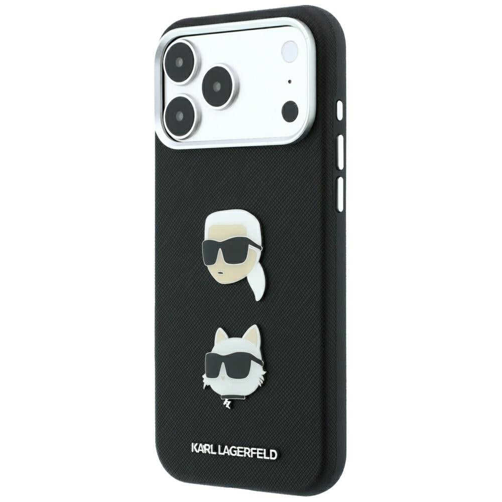 Tok Apple iPhone 18 Pro / 17 Pro készülékhez, Karl Lagerfeld, Saffiano Karl és Choupette fejét ábrázoló kitűzővel és logóval, fekete