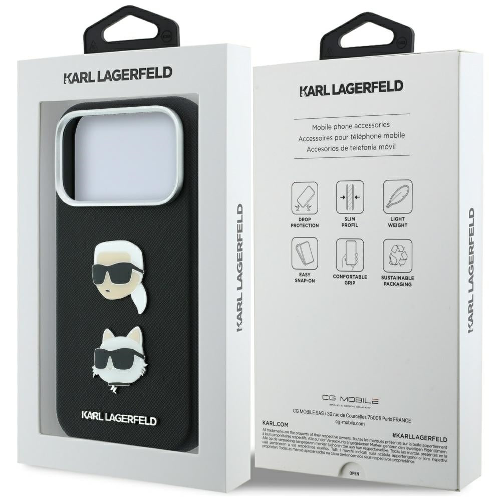 Tok Apple iPhone 18 Pro / 17 Pro készülékhez, Karl Lagerfeld, Saffiano Karl és Choupette fejét ábrázoló kitűzővel és logóval, fekete