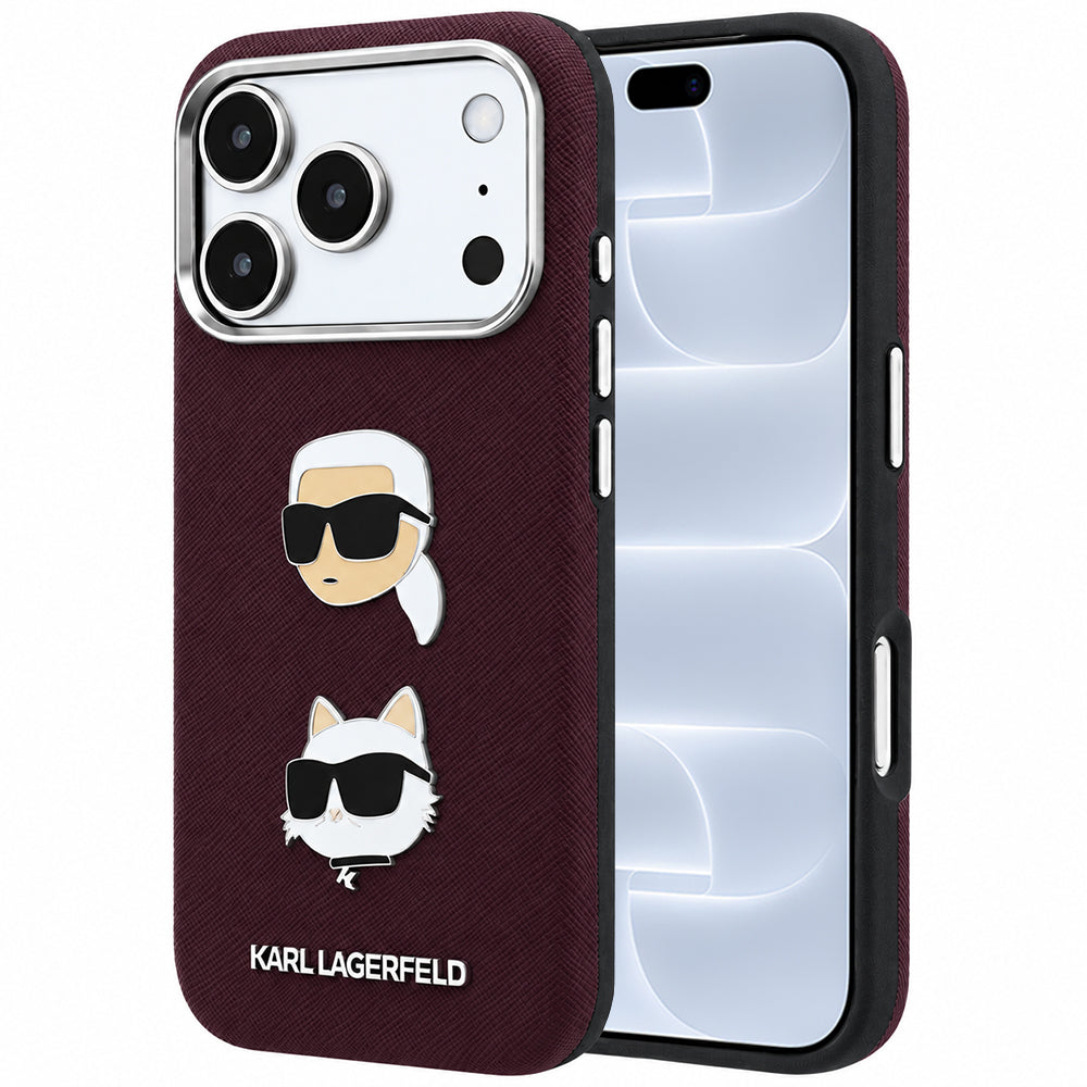 Tok Apple iPhone 18 Pro / 17 Pro-hoz, Karl Lagerfeld, Saffiano Karl & Choupette fejjel és logóval, bordó