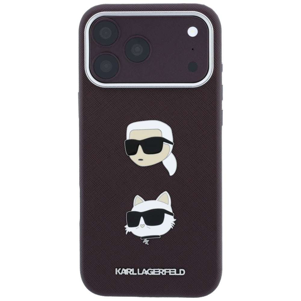 Tok Apple iPhone 18 Pro / 17 Pro-hoz, Karl Lagerfeld, Saffiano Karl & Choupette fejjel és logóval, bordó