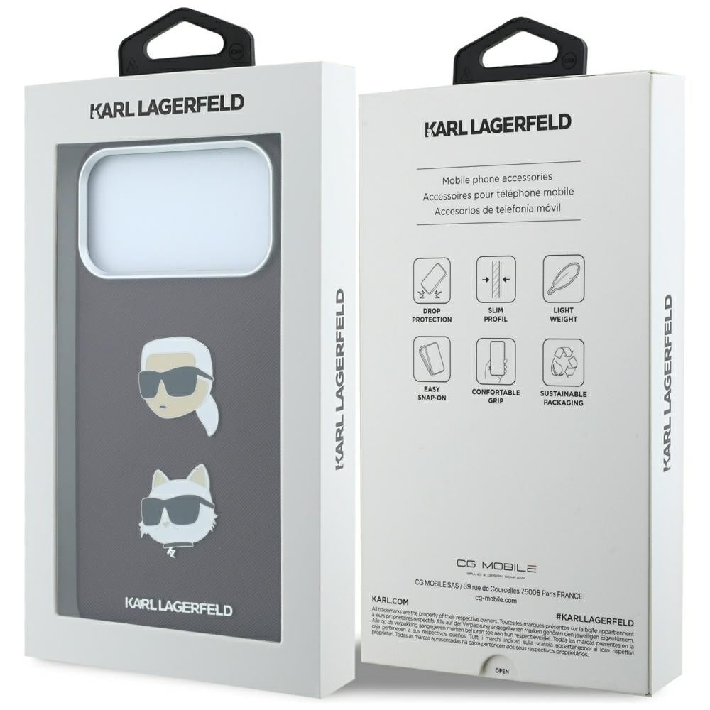Tok Apple iPhone 18 Pro / 17 Pro-hoz, Karl Lagerfeld, Saffiano Karl & Choupette fejjel és logóval, bordó