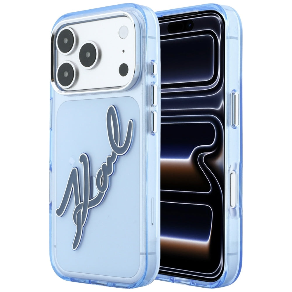 Tok Apple iPhone 18 Pro Max / 17 Pro Max készülékhez, Karl Lagerfeld, IML Big Signature gyanta logó fém keret, Kék