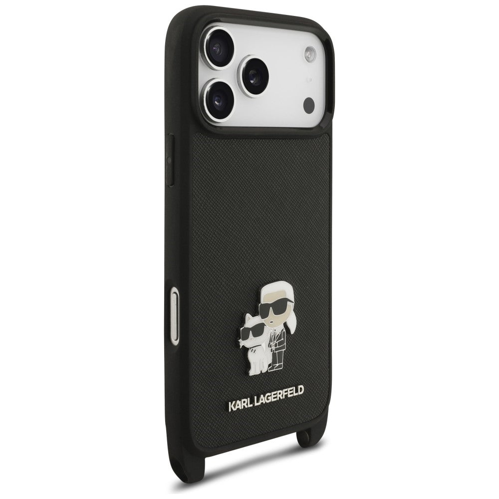 Tok Apple iPhone 18 Pro Max / 17 Pro Max készülékhez, Karl Lagerfeld, Saffiano Crossbody Metal Pin Karl & Choupette, fekete