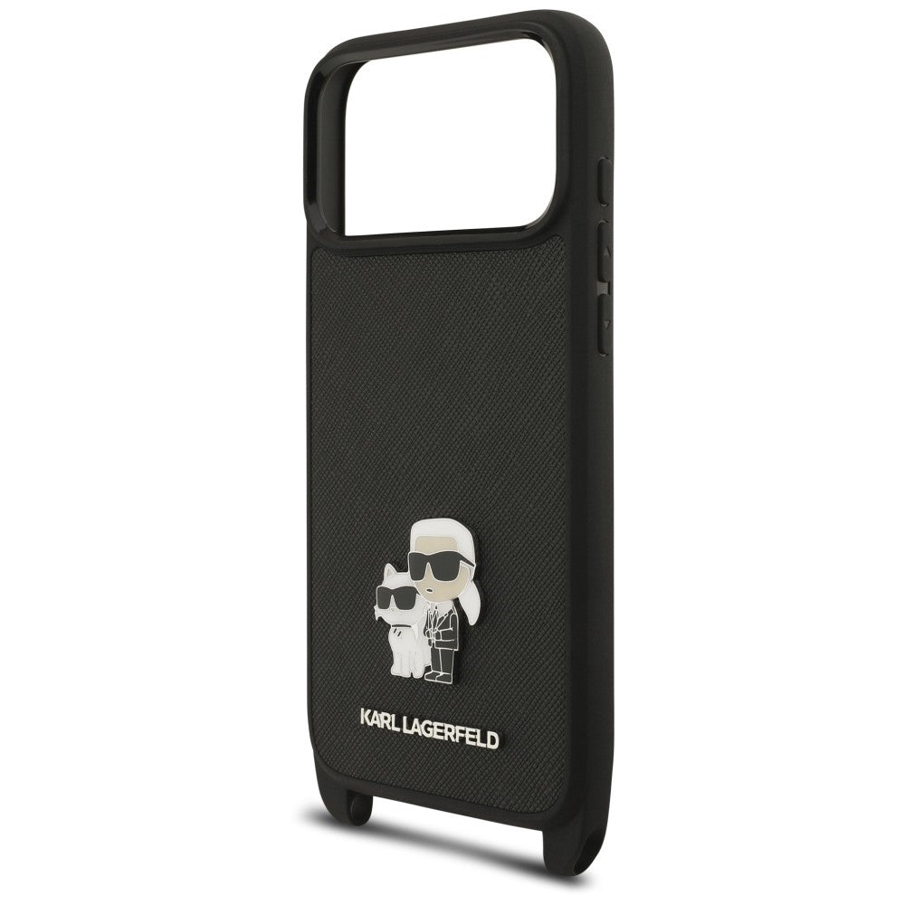 Tok Apple iPhone 18 Pro Max / 17 Pro Max készülékhez, Karl Lagerfeld, Saffiano Crossbody Metal Pin Karl & Choupette, fekete