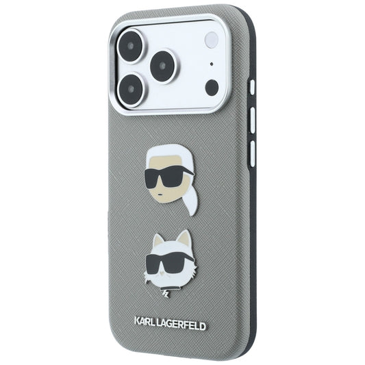Tok Apple iPhone 18 Pro Max / 17 Pro Max készülékhez, Karl Lagerfeld, Saffiano Karl és Choupette fejét ábrázoló kitűzővel és logóval, szürke