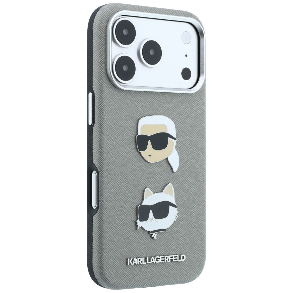 Tok Apple iPhone 18 Pro Max / 17 Pro Max készülékhez, Karl Lagerfeld, Saffiano Karl és Choupette fejét ábrázoló kitűzővel és logóval, szürke
