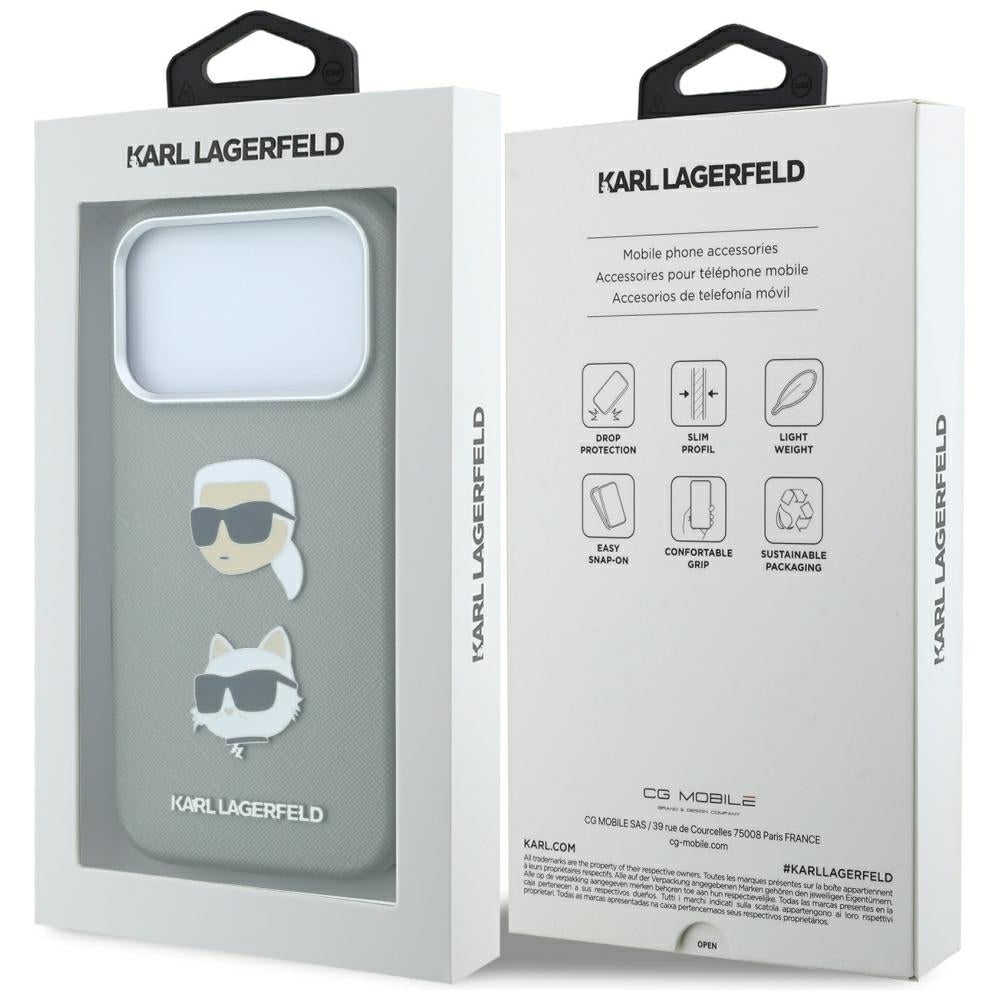 Tok Apple iPhone 18 Pro Max / 17 Pro Max készülékhez, Karl Lagerfeld, Saffiano Karl és Choupette fejét ábrázoló kitűzővel és logóval, szürke