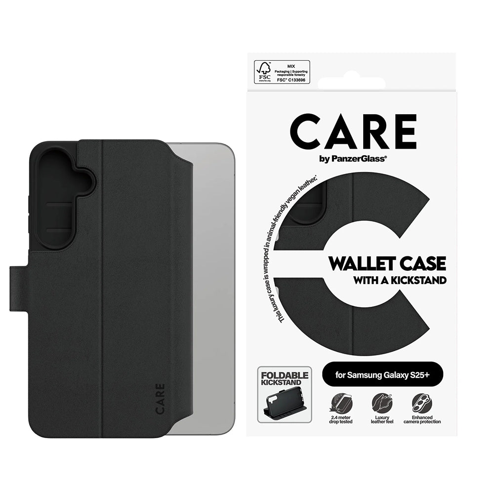 Tok Samsung Galaxy S25+ S936-hoz, PanzerGlass, Care Feature Kickstand Wallet, Fekete
