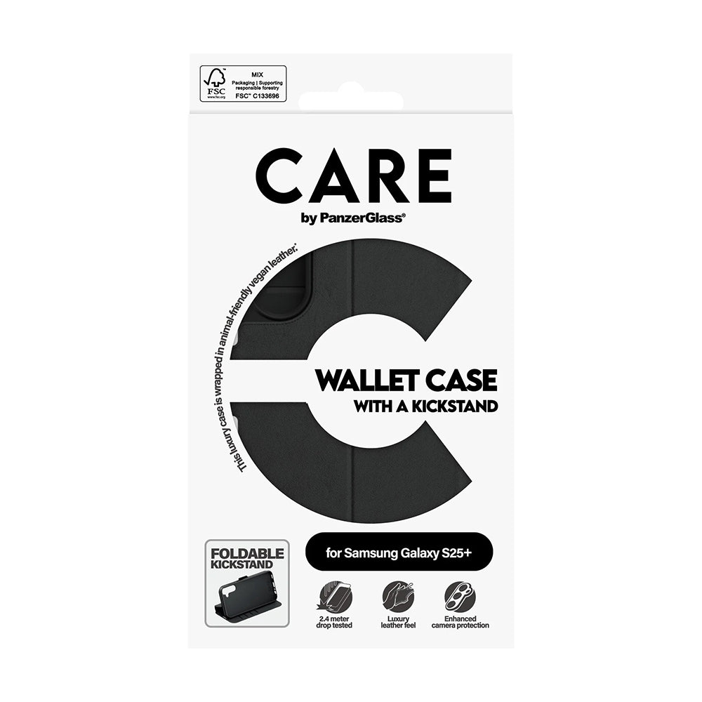 Tok Samsung Galaxy S25+ S936-hoz, PanzerGlass, Care Feature Kickstand Wallet, Fekete