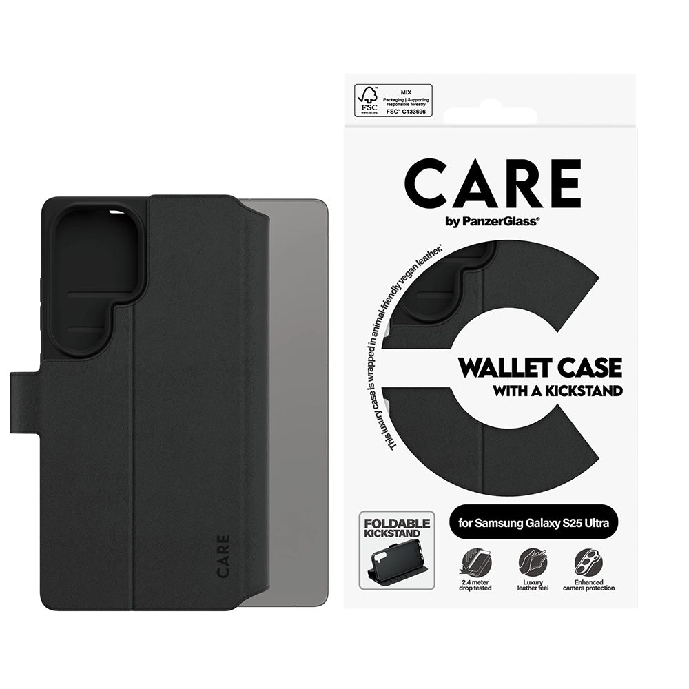 Tok Samsung Galaxy S25 Ultra S938-hoz, PanzerGlass, Care Feature Kickstand Wallet, Fekete