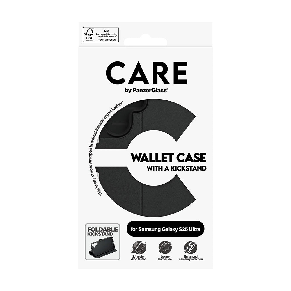 Tok Samsung Galaxy S25 Ultra S938-hoz, PanzerGlass, Care Feature Kickstand Wallet, Fekete