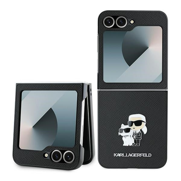 Tok Samsung Galaxy Z Flip7 FE F761 / Z Flip6 F741 készülékhez, Karl Lagerfeld, Saffiano Karl & Choupette Metal, Fekete