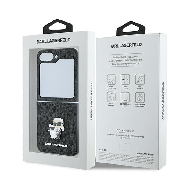 Tok Samsung Galaxy Z Flip7 FE F761 / Z Flip6 F741 készülékhez, Karl Lagerfeld, Saffiano Karl & Choupette Metal, Fekete