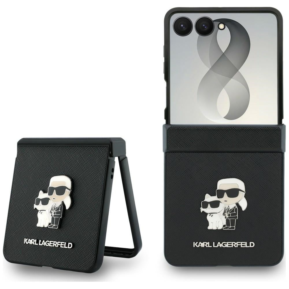 Tok Samsung Galaxy Z Flip8 F776-hez, Karl Lagerfeld, Saffiano Karl & Choupette fém tű, Fekete