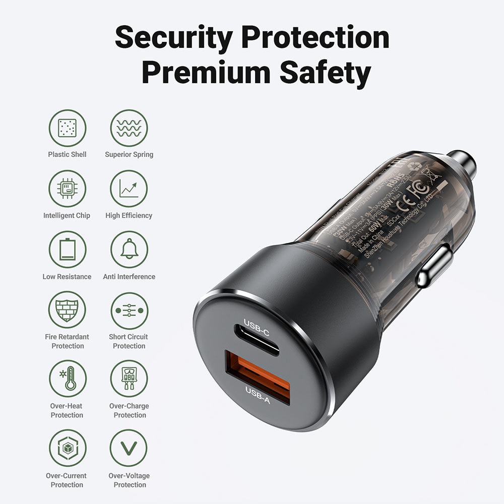 Acefast B12 autós töltő, 60W, 3A, 1 x USB-A - 1 x USB-C, fekete