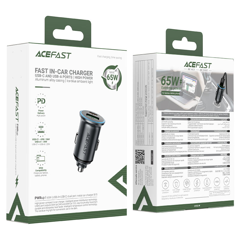 Acefast B15 autós töltő, 65W, 3.25A, 1 X USB-A - 1 x USB-C, szürke