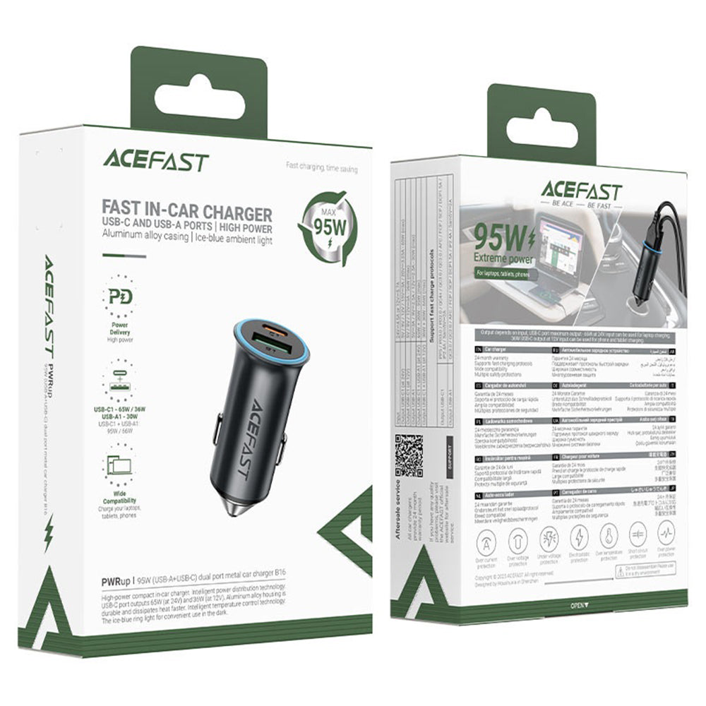 Acefast B16 autós töltő, 95W, 3.25A, 1 x USB-A - 1 x USB-C, szürke