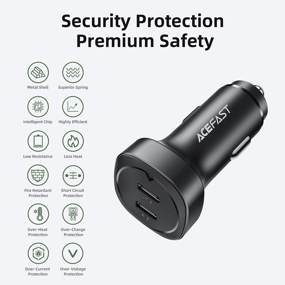 Acefast B2 autós töltő, 72W, 3A, 2 x USB-C, Fekete