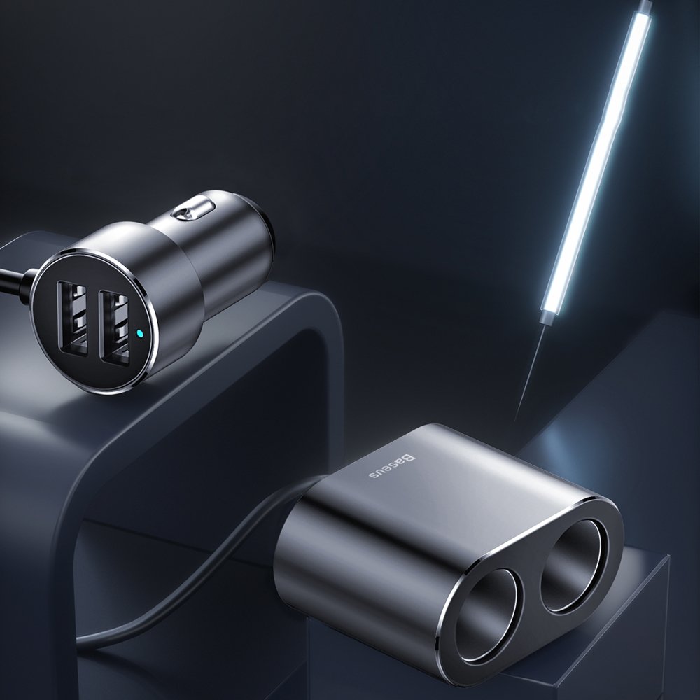 Baseus nagy hatékonyságú autós töltő, 95W, 2.1A, 2 x szivargyújtó hosszabbító - 2 x USB-A, szürke CRDYQ-01 CRDYQ-01 CRDYQ-01