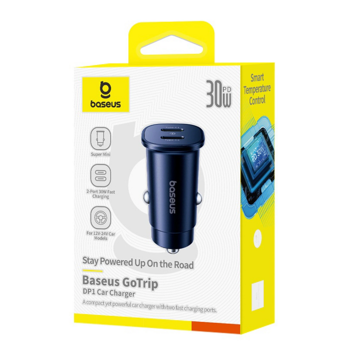 Baseus GoTrip autós töltő, 30W, 3A, 2 x USB-C, Fekete