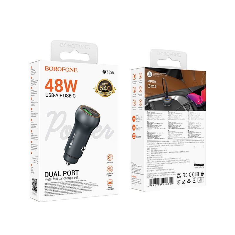 Borofone BZ32B Fresh autós töltő, 48W, 3A, 1 x USB-A - 1 x USB-C, szürke