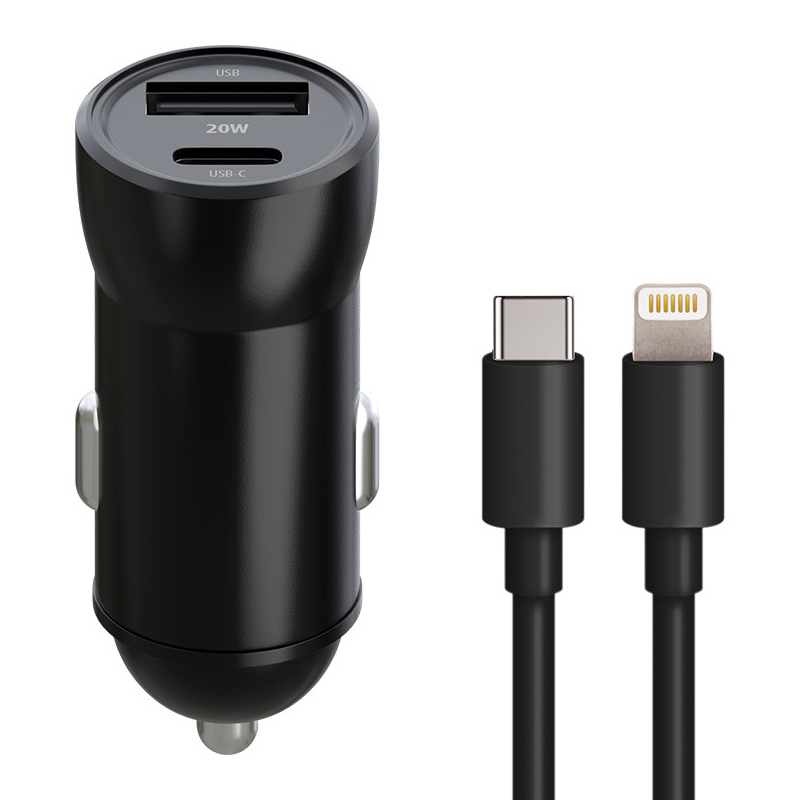 Autós töltő Lightning kábellel MaXlife MXCC-04, 20W, 3A, 1 x USB-A - 1 x USB-C, Fekete