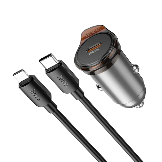 Autós töltő Lightning kábellel HOCO NZ16, 30W, 3A, 1 x USB-C, Szürke