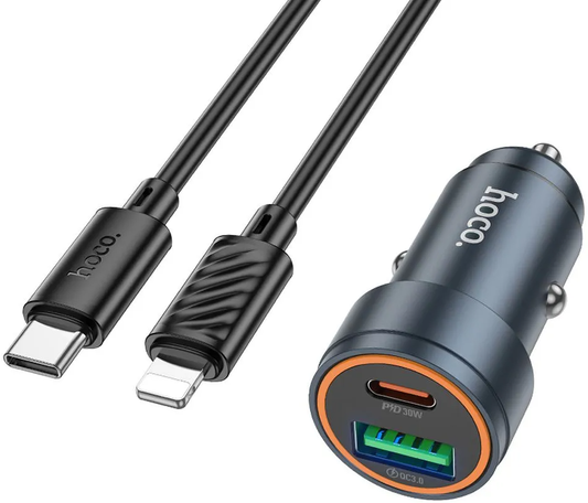 Autós töltő Lightning kábellel HOCO Z57A, 30W, 3A, 1 x USB-A - 1 x USB-C, Szürke