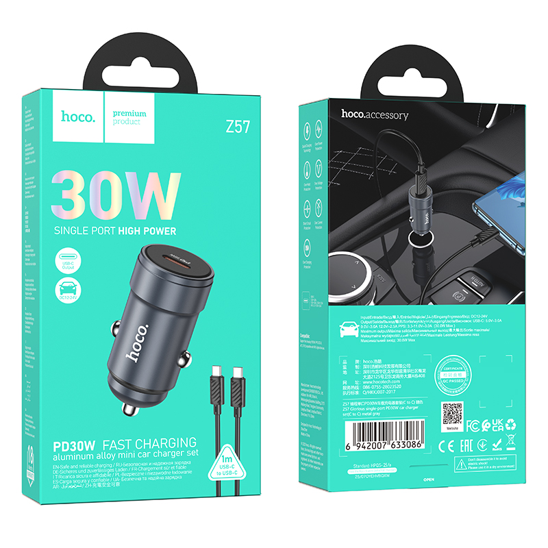HOCO Z57 USB-C Kábeles Autós Töltő, 30W, 3A, 1 x USB-C, Szürke