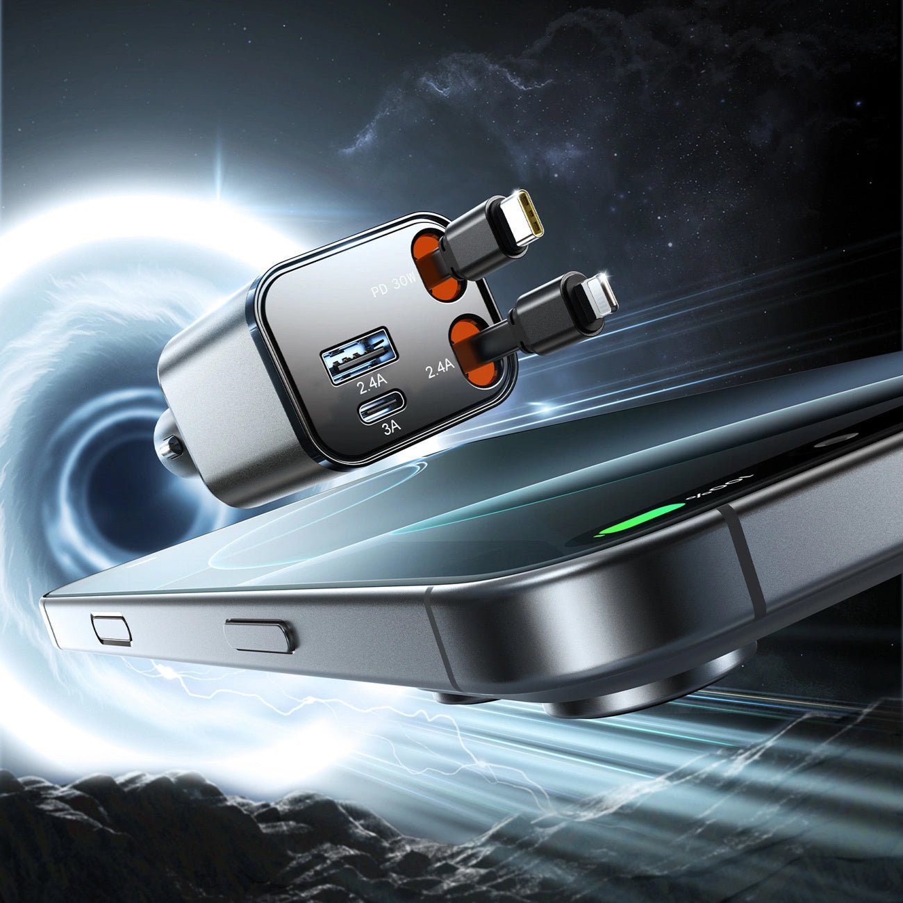 Autós töltő USB-C / Lightning kábellel Joyroom JR-CCL05, 30W, 3A, 1 x USB-A - 1 x USB-C, Szürke