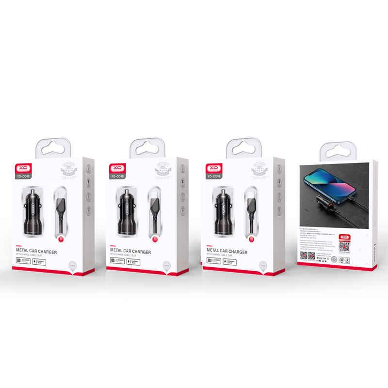 Autós töltő USB-C kábellel XO Design CC48, 12W, 2.4A, 2 x USB-A, Szürke