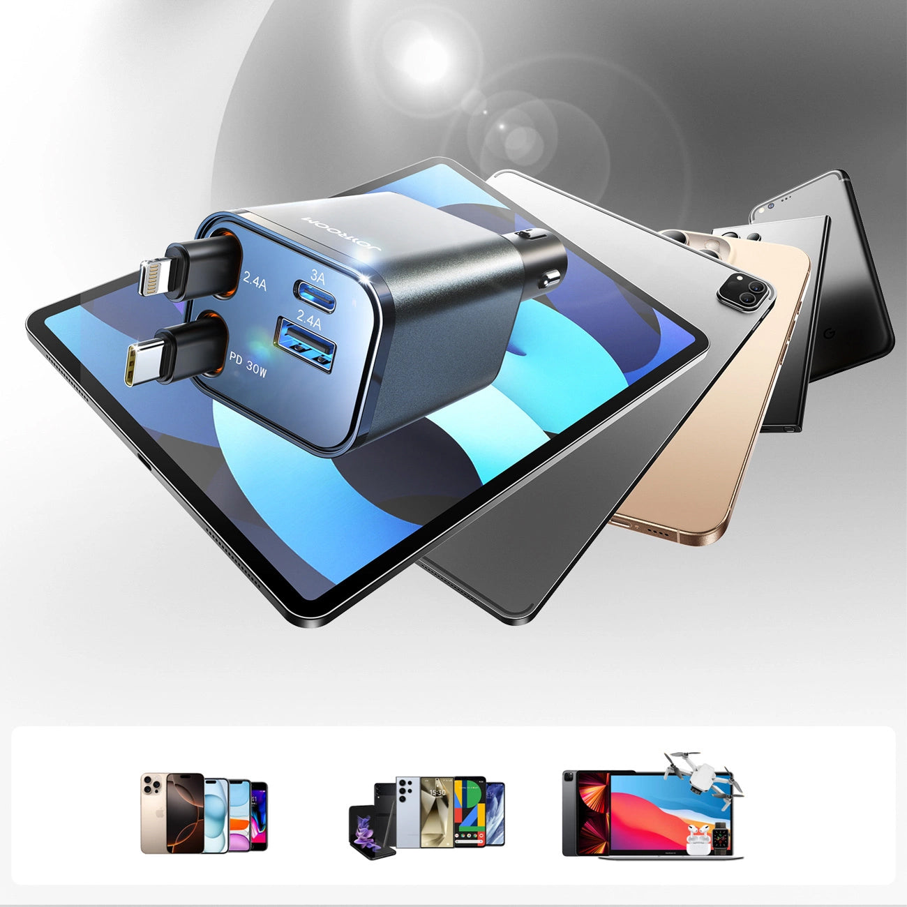 Autós töltő USB-C / Lightning kábellel Joyroom JR-CCL05, 30W, 3A, 1 x USB-A - 1 x USB-C, Szürke