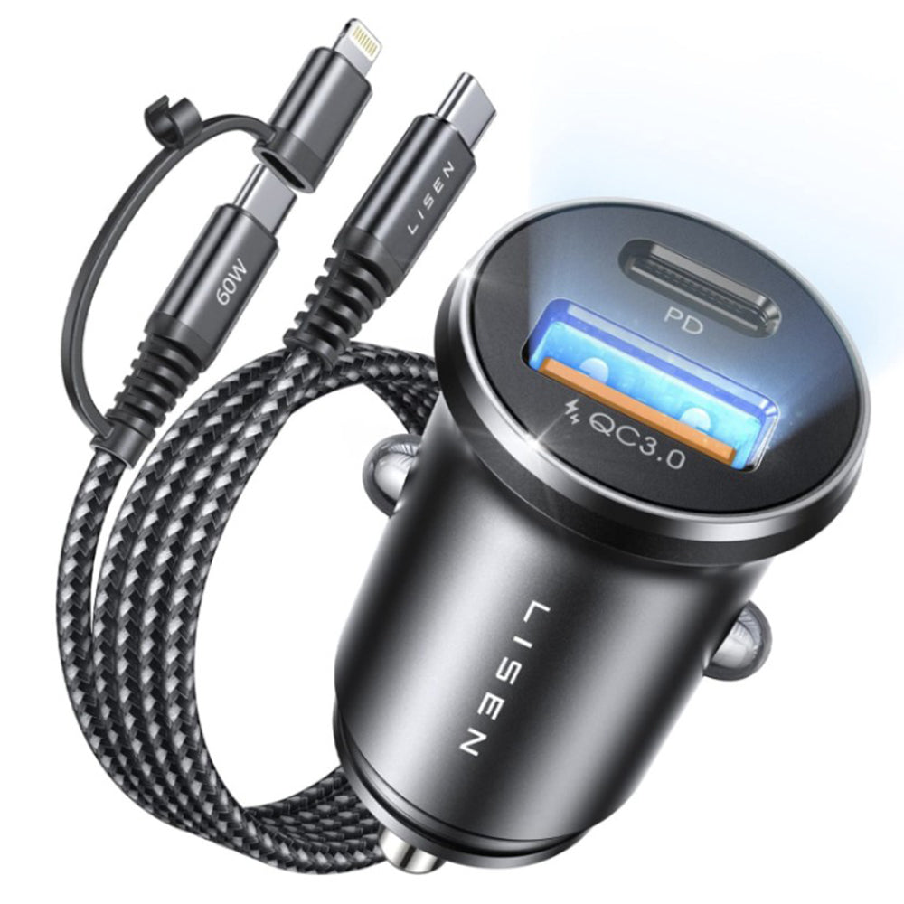 Autós töltő USB-C / Lightning kábellel Lisen, 48W, 3A, 1 x USB-A - 1 x USB-C, Fekete YL0223080035