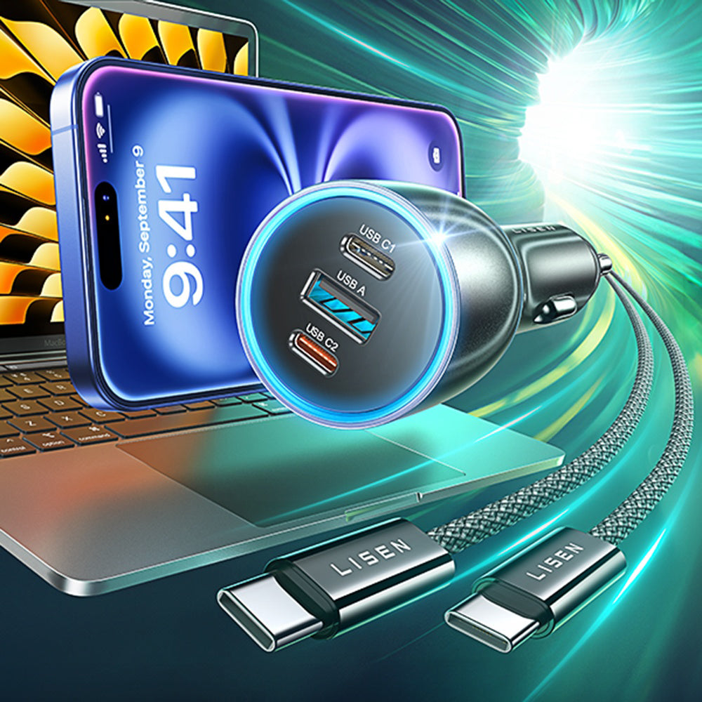 Lisen autós töltő USB-C kábellel, 170W, 5A, 1 x USB-A - 2 x USB-C, Fekete YL0224010001