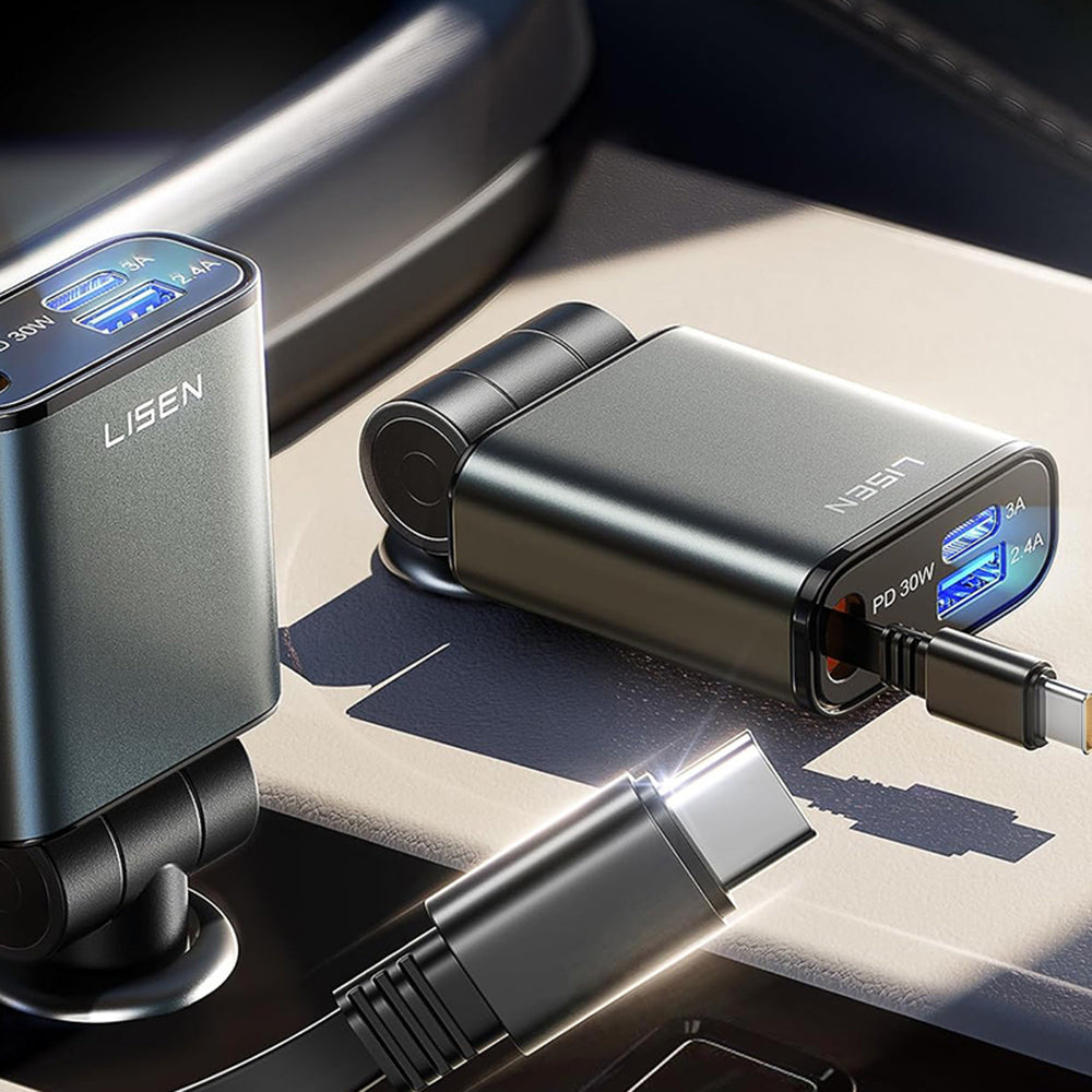 Lisen autós töltő USB-C kábellel, 57W, 3A, 1 x USB-A - 1 x USB-C, Fekete YL0325010016