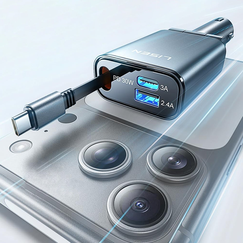 Lisen autós töltő USB-C kábellel, 57W, 3A, 1 x USB-A - 1 x USB-C, Fekete YL0325010016