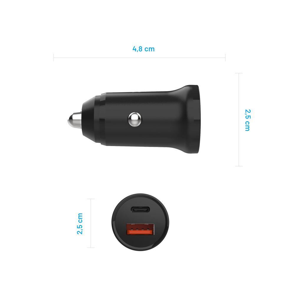 Fixed Auto Töltő, 20W, 3A, 1 x USB-A - 1 x USB-C, Fekete