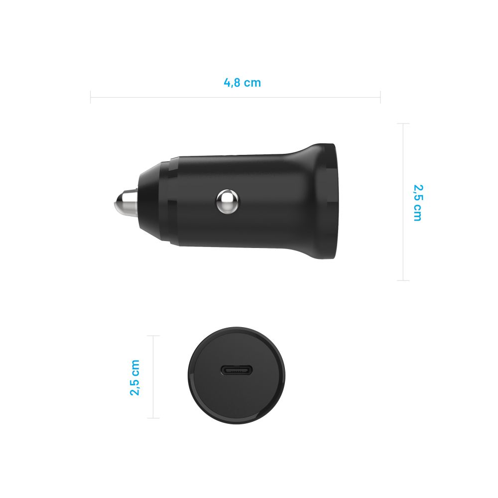 Auto töltő Fixed, 20W, 3A, 1 x USB-C, Fekete
