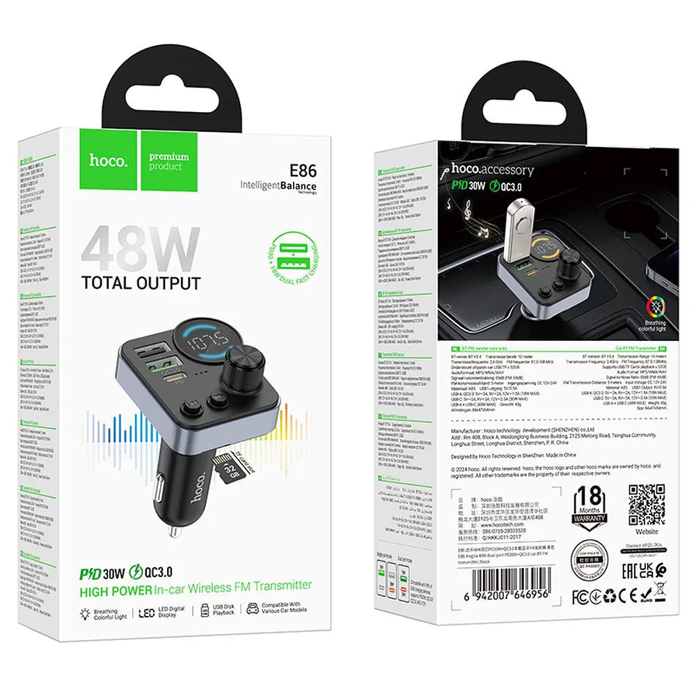 FM Bluetooth modulátor HOCO E86, 2 x USB-A - 1 x USB-C - 1 x microSD