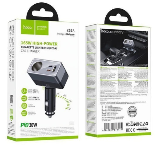 HOCO Z65A autós töltő, 165W, 3A, 1 x gyújtóaljzat kiterjesztés - 1 x USB-A - 2 x USB-C, fekete