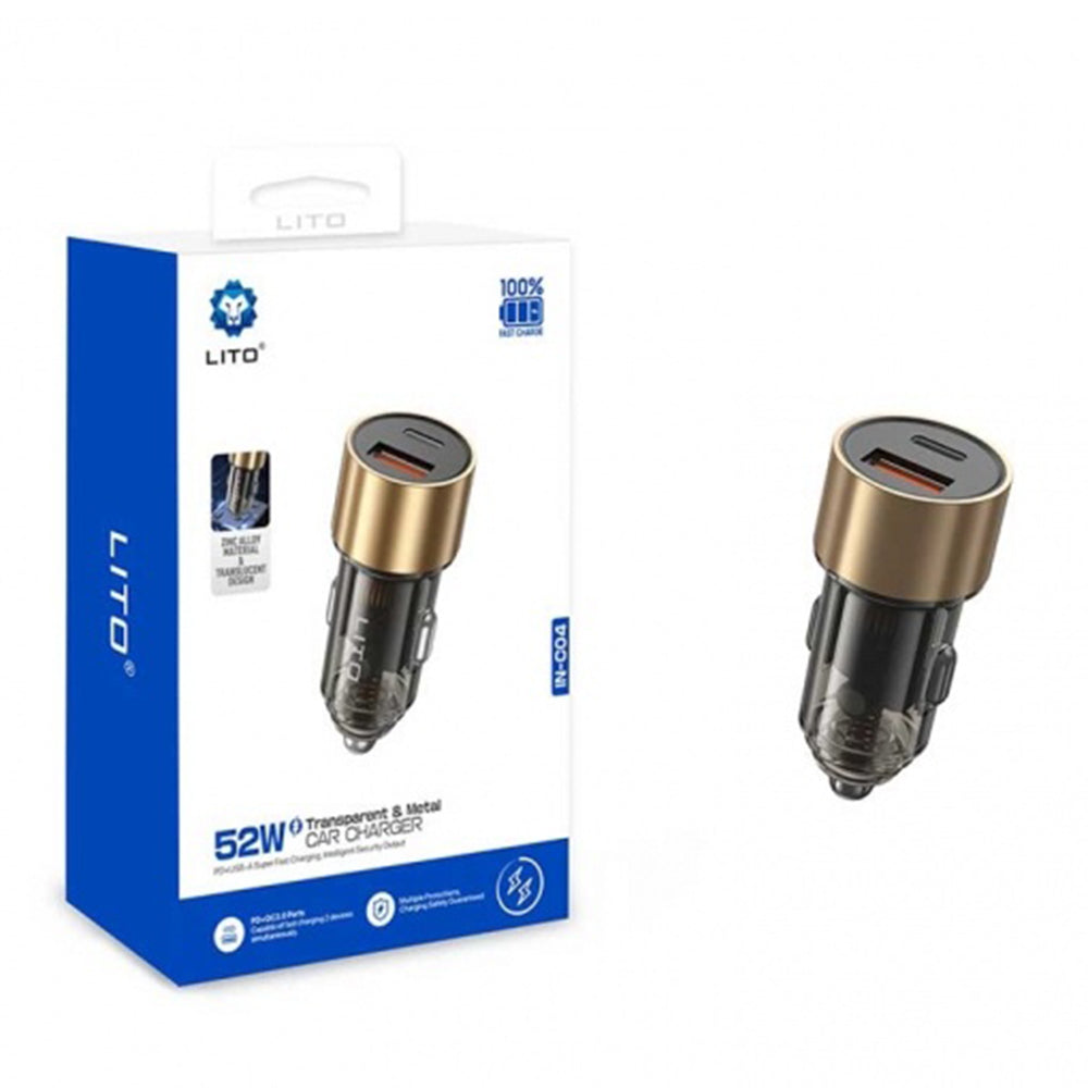 Lito IN-C04 Car Charger, 52W, 3A, 1 x USB-A - 1 x USB-C, Black