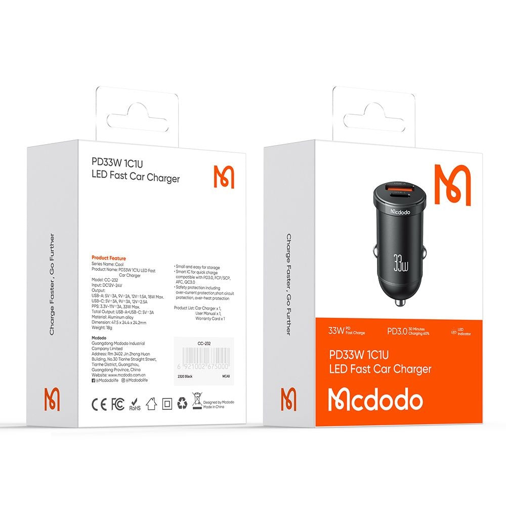 McDodo CC-2320 Cool autós töltő, 33W, 3A, 1 x USB-A - 1 x USB-C, Fekete