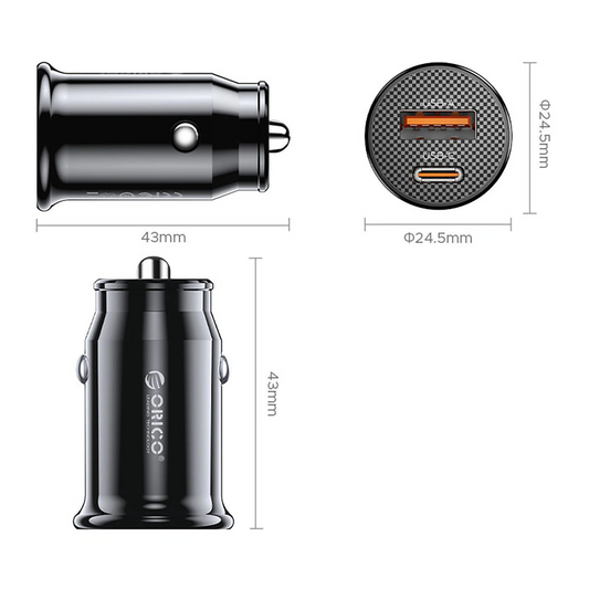 Orico PowerMini autós töltő, 30W, 3A, 1 x USB-A - 1 x USB-C, Fekete