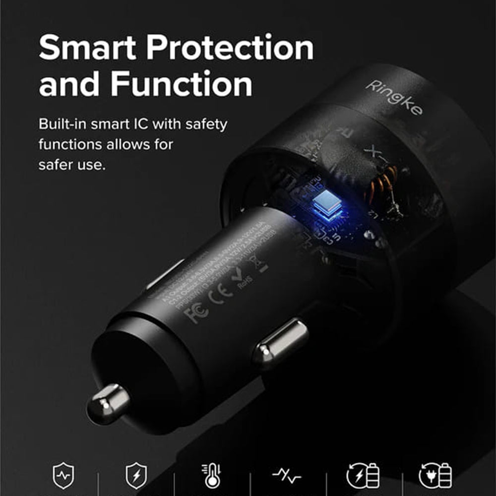 Ringke autós töltő, 30W, 3A, 1 x USB-A - 2 x USB-C, Fekete