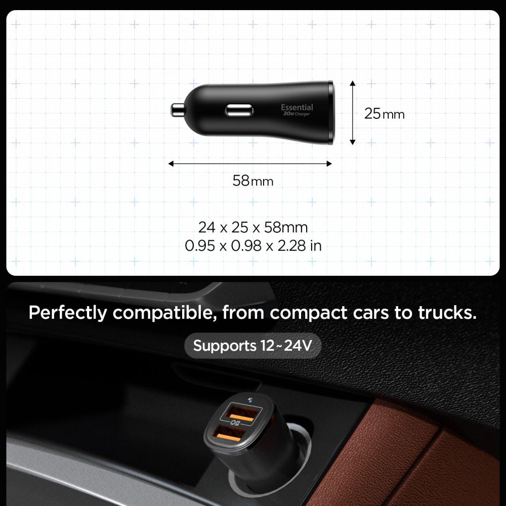 Spigen EV302 Essential autós töltő, 30W, 3A, 2 x USB-A, Fekete ACP08700