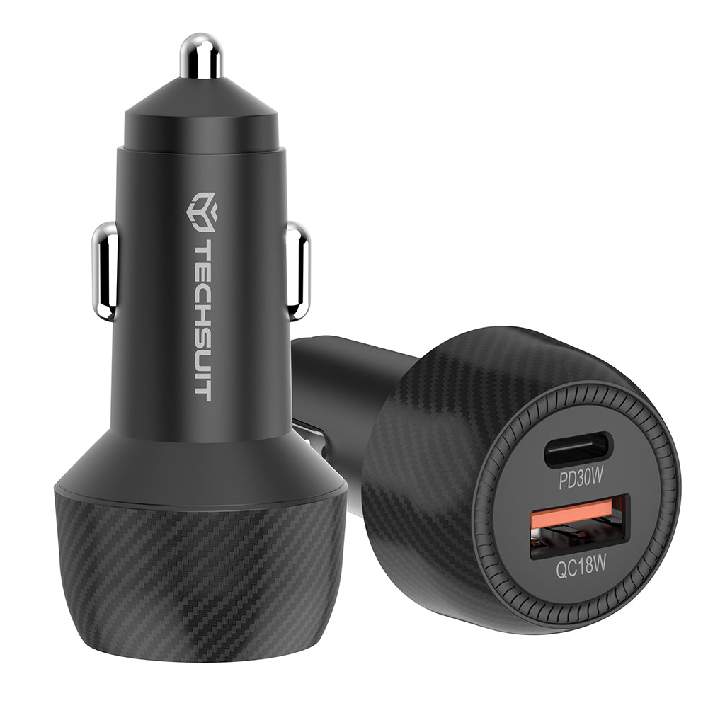 Techsuit C7 CarbonVolt autós töltő, 48W, 3A, 1 x USB-A - 1 x USB-C, Fekete